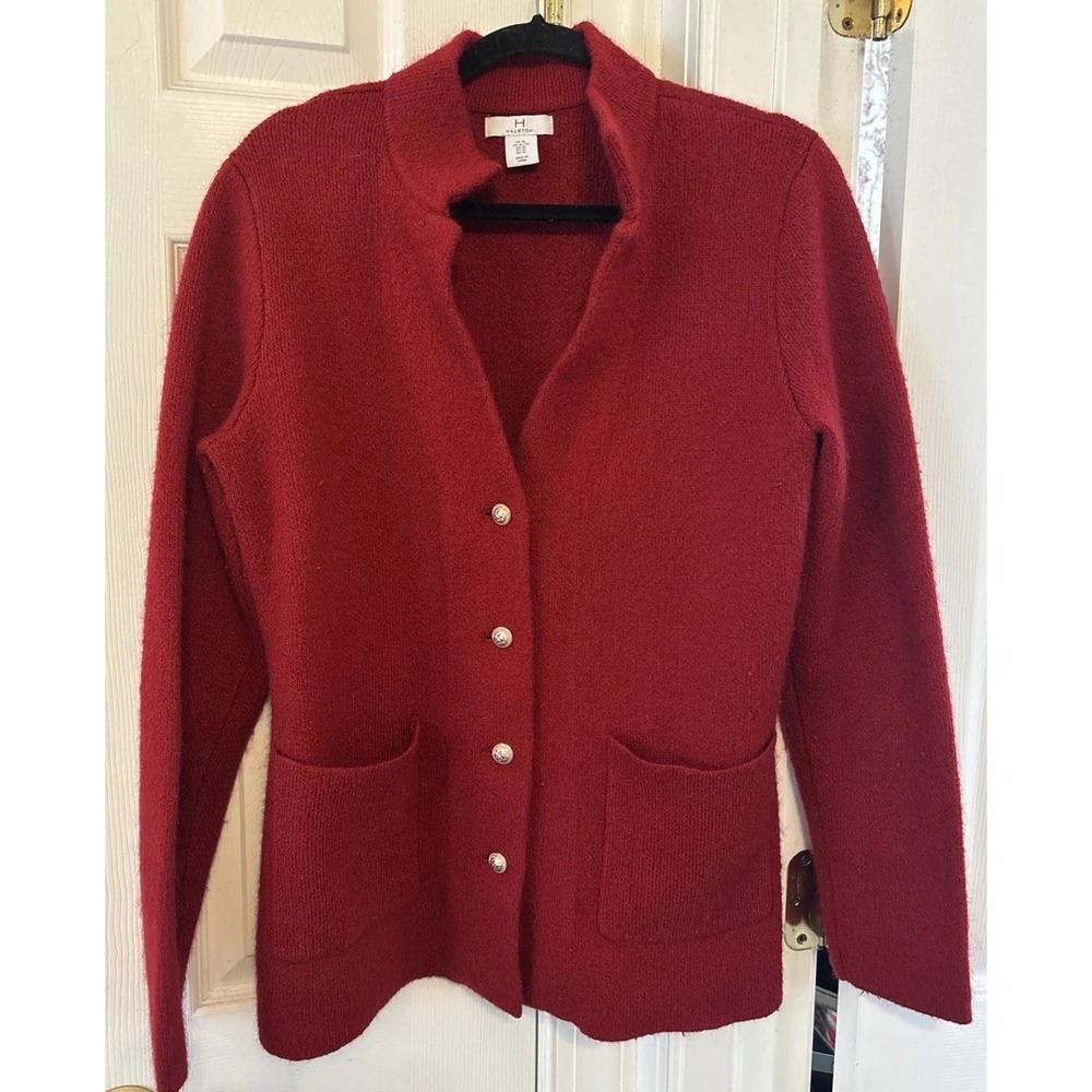 Halston Womens Red Knit Sweater Jacket Button Up Gold Buttons High Neck XL